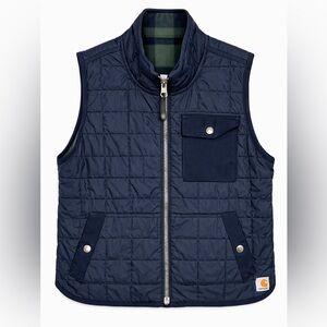 Carhartt Womens Reversible Amoret Flannel Puffer Vest Navy Blue Size XL Logo